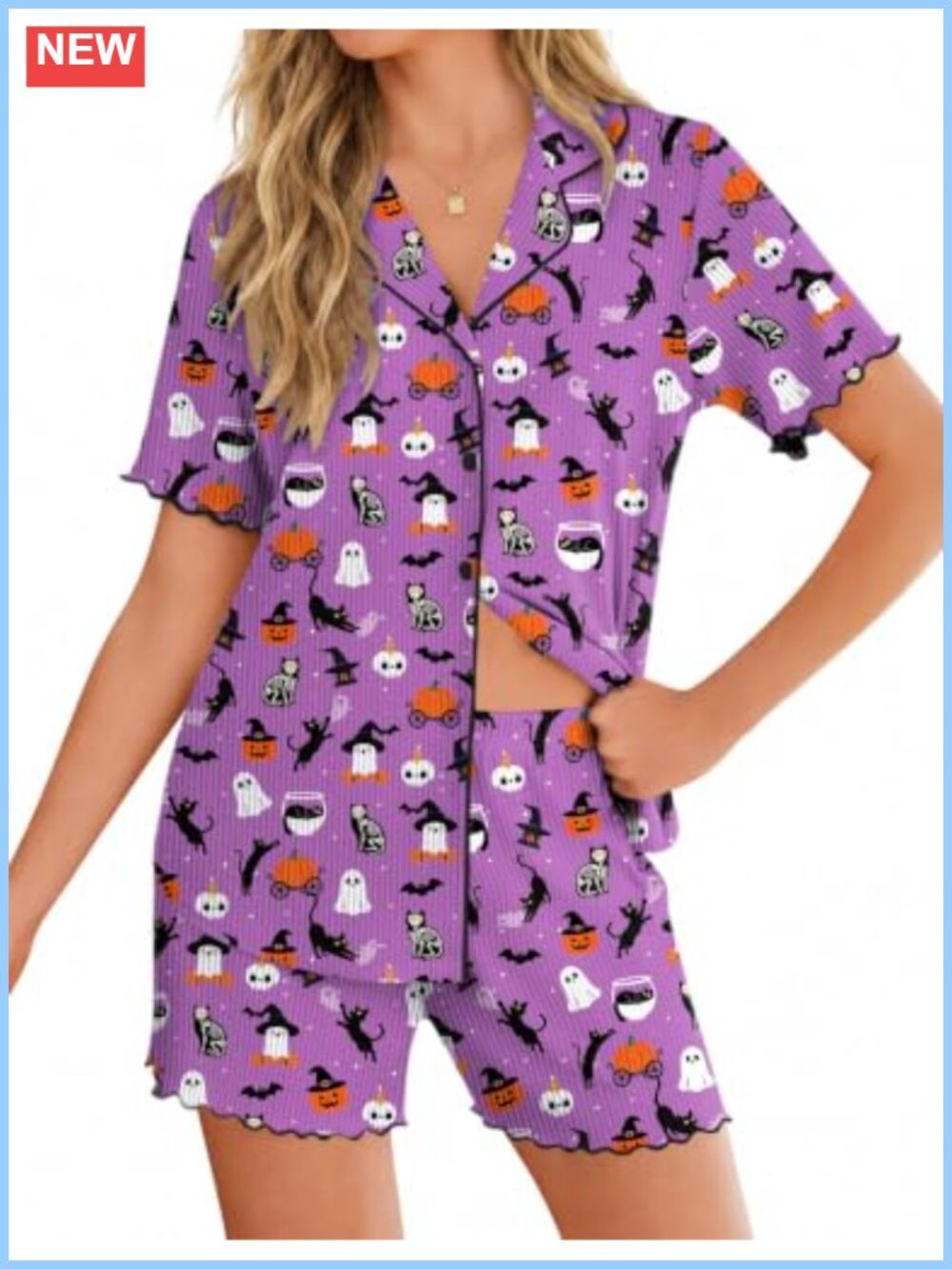 Ribbed Knit Button Up Pajama Set Ruffle Short Sleeve Lounge PJs